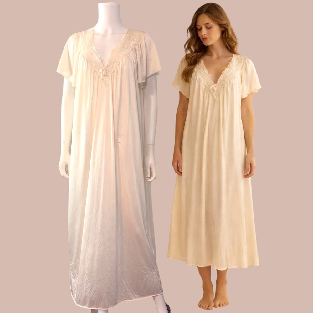 Vtg 70s 80s Vanity Fair Ivory Satin Nightgown Size Medium Cottagecore Prairie